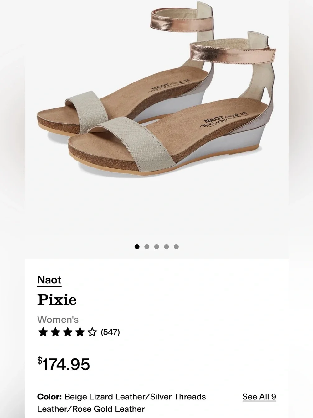 Naot Pixie Wedge Sandal Beige Lizard Silver Threads Rose Gold Leather